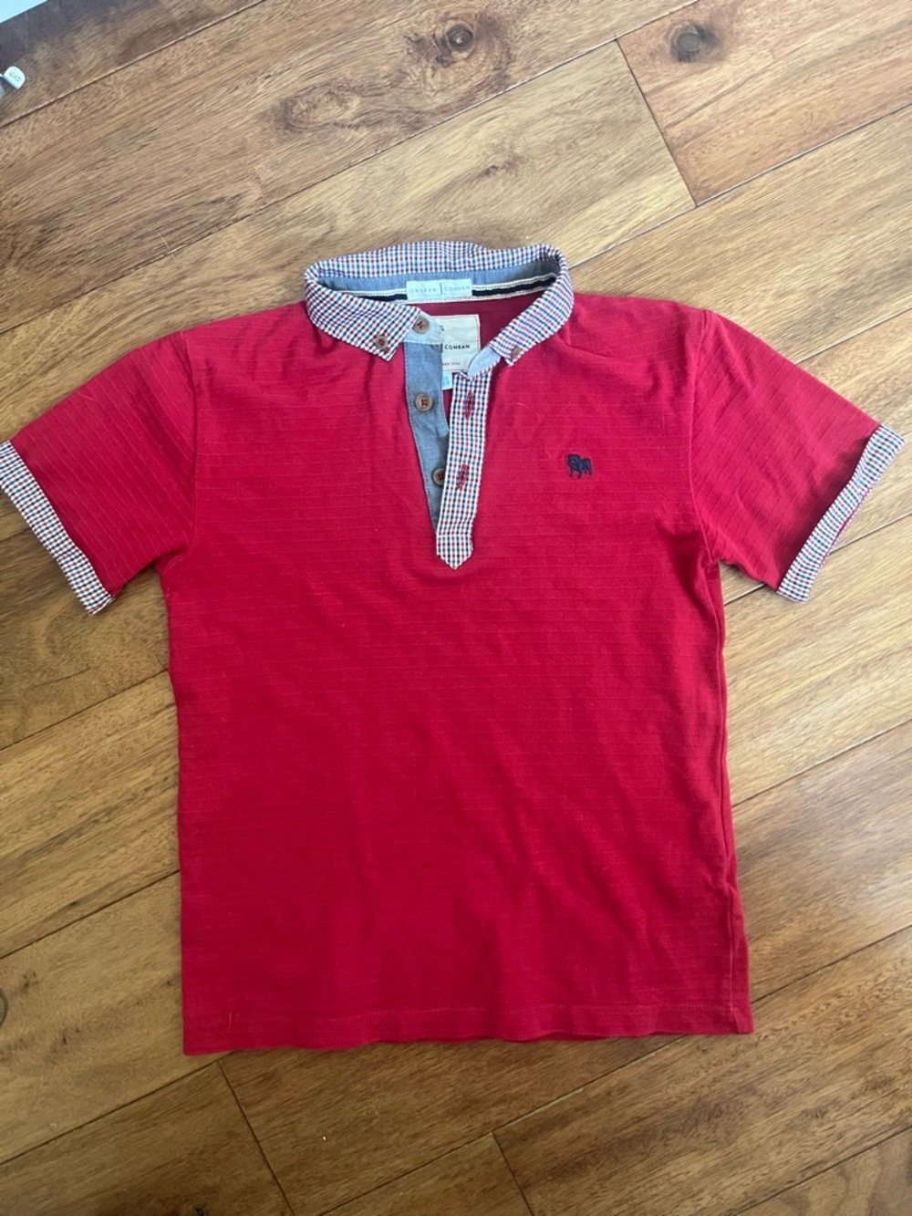 Jasper Conran Designer Boys Red Short-Sleeve Polo Contrast Gingham Trim Size 8-9
